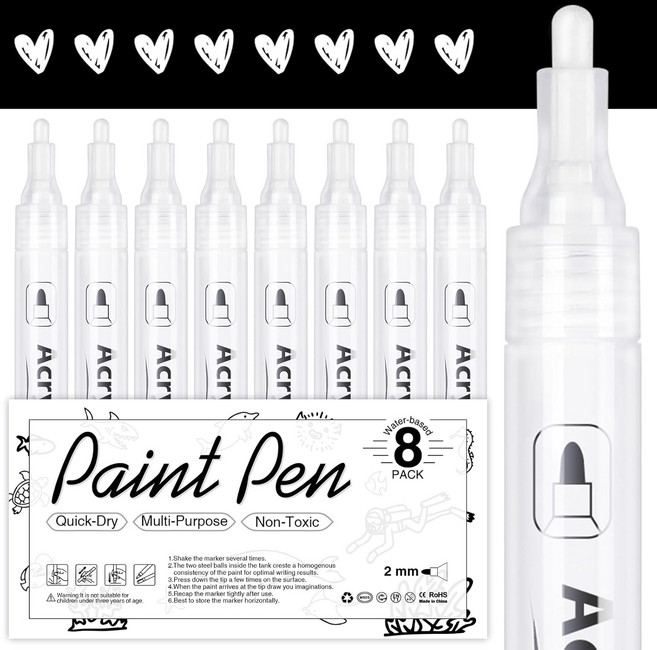 아카루드 화이트 아크릴 페인트 마커 암벽화 나무 돌 유리 세라믹 종이 드로잉 아트 프로젝트 DIY 공예 수성 잉크 2-3mm 미디엄 팁용 펜 세트 8팩, White, 1개