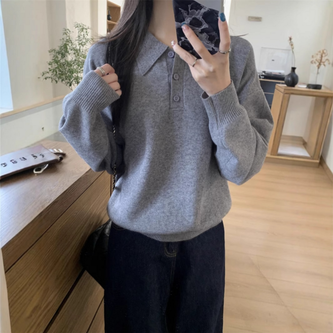 MS HOME 여성 심플 카라 니트 티셔츠 데일리룩 긴팔