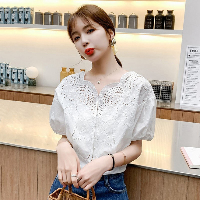 이른 가을 여성복 가을 쉬폰 상의 화이트 셔츠 여 일자 퍼프소매 nvduanxiu