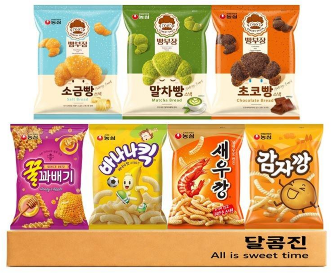 [달콤진] 농심 빵부장 소금빵 말차빵 초코빵 꿀꽈배기 바나나킥 새우깡 감자깡 혼합세트, 1세트, 스낵 7종