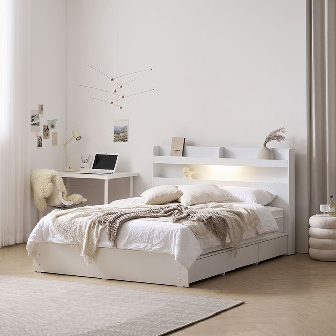 베디스 시엘 LED조명 서랍 수납형 침대프레임 + 독립스프링 매트리스 SS/Q/K, 화이트-침대프레임만