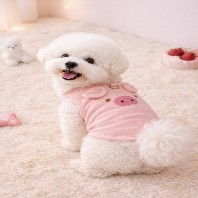 펫누아 강아지 옷 돼지 얼굴 티셔츠 핑크 귀여운 애견 의류 소형견 중형견, 1개