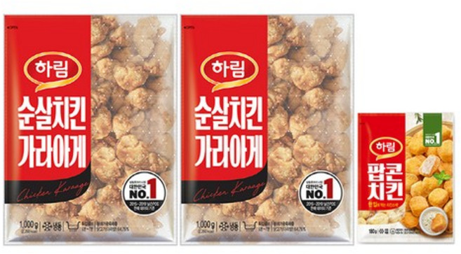 하림 순살치킨가라아게 1kg 2봉+증정팝콘치킨 180g, 순살치킨 2봉+팝콘치킨180g