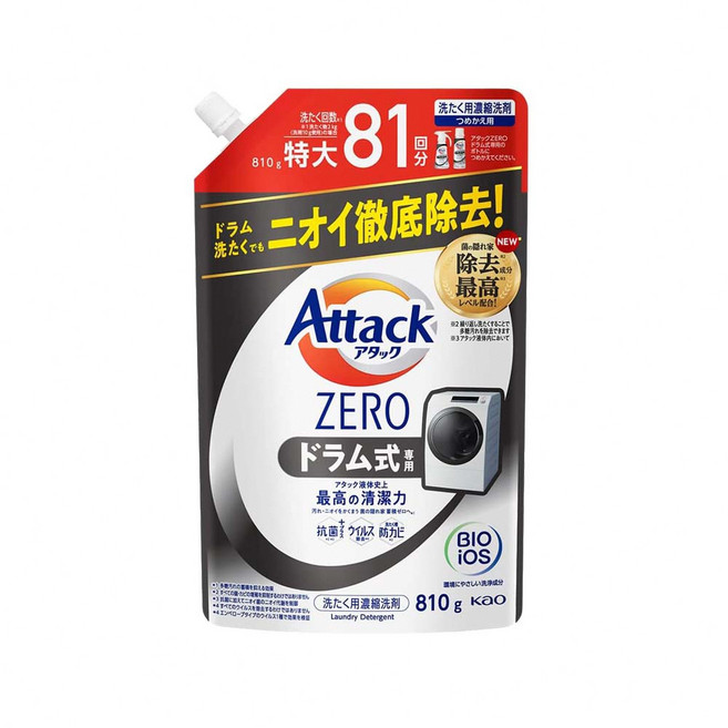 Attack ZERO 房間乾燥 根本無臭 洗衣精補充包 810g, 1個, 滾筒式洗衣機專用(黑) 810g