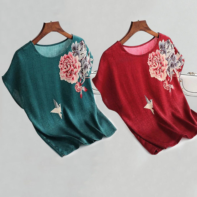 1+1 중년 여성 반팔 티셔츠 캐주얼 라운드 쿨링 상의 레깅스 루즈핏 기질 플라워 냉장고 아이스 반팔티 JZZN