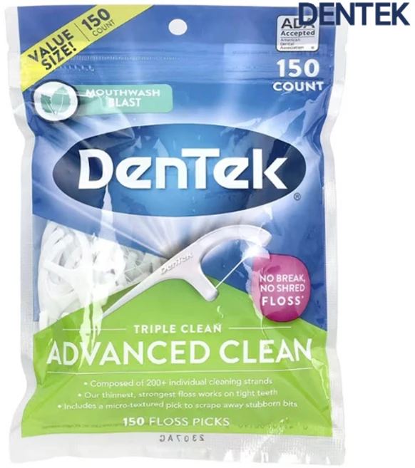 DenTek 덴텍 어드밴스드 클린 마우스워시 블라스트 향 일회용 치실 150개/치약/치간칫솔, 1개, 150개입, 4.2cm - 쿠팡
