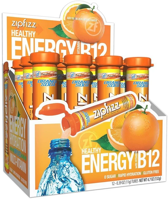 Zipfizz 데일리 에너지 드링크 파우더 과일 펀치 20팩 3-in-1 지속 에너지 빠른 수분 공급 및 필수 비타민 무설탕 전해질 파우더에는 B-12와 항산화제가 함유되어, Orange Soda, 0.39 Ounce (Pack of 12) - 쿠팡