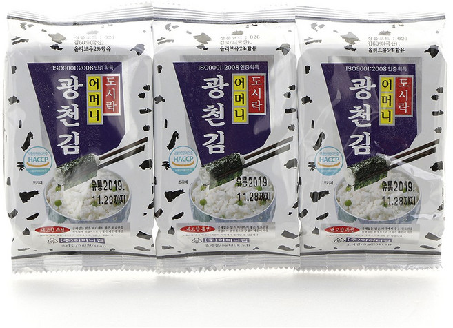 광천어머니김 3단 도시락김 4g X 3봉 12개입 총 36봉 전장김 식탁김 돌자반 김밥김 김자반, 36개