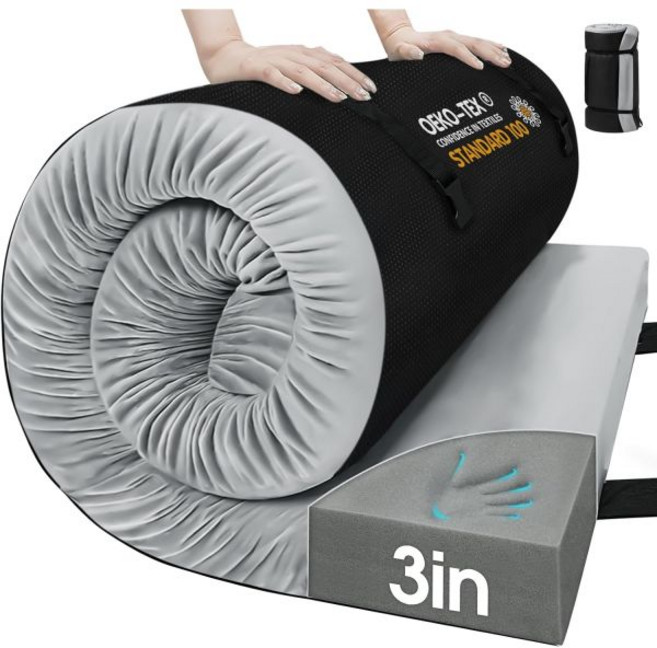 CYMULA 메모리 폼 캠핑 매트리스 패드 캠핑용 7.6cm(3인치) 수면 패드 미끄럼 방지 바닥 바닥 침대 매트리스 성인용 휴대용 롤업 매트리스 패드 매트 자동차 여행, 1개, 회색