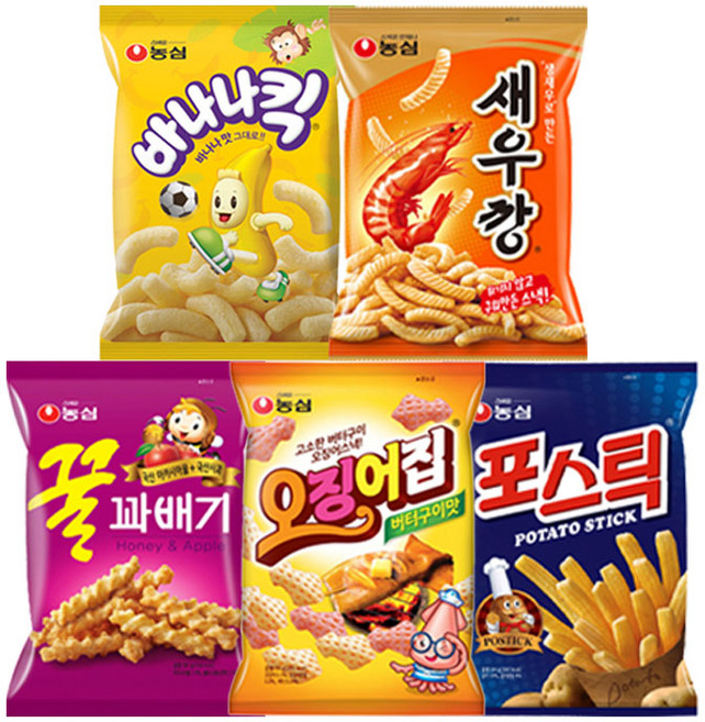 농심 새우깡+꿀꽈배기+바나나킥+포스틱+오징어집 2봉씩 과자세트(10봉), 묶음_15번, 1개, 90g