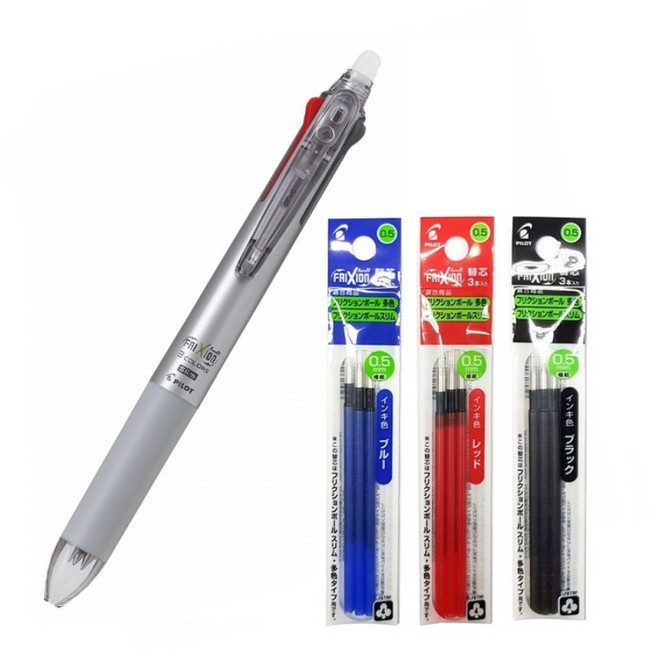 프릭션 슬림 3색 볼펜 0.5mm, 다크실버 1개+리필(3개입) 흑적청 세트, 1개