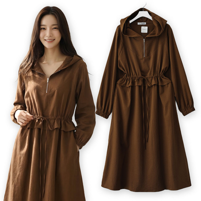 메리앤유 캐주얼 후드 스트링 롱원피스 루즈핏 원피스 허리조절