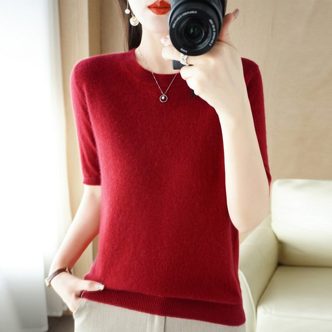 별하늘 여자 니트 반팔 스웨터 라운드 반팔티