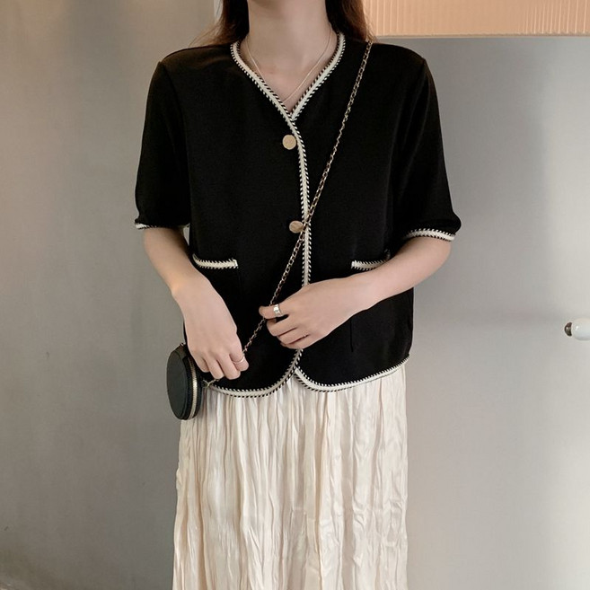 여성 여름 반팔 트위드 자켓 패션 빅사이즈 브이넥 쇼트 코트 상의 루즈핏 반팔 얇은 상의 자켓 LCC