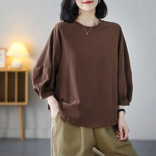 簡約燈籠袖七分袖T恤衫 女裝 文藝休閒上衣, 咖啡, 3XL