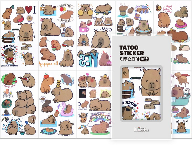 니즈엘 KC인증 어린이 타투스티커 캐릭터 문신 판박이 10장세트, 1개, 10. [C]타투(카피바라-10장)