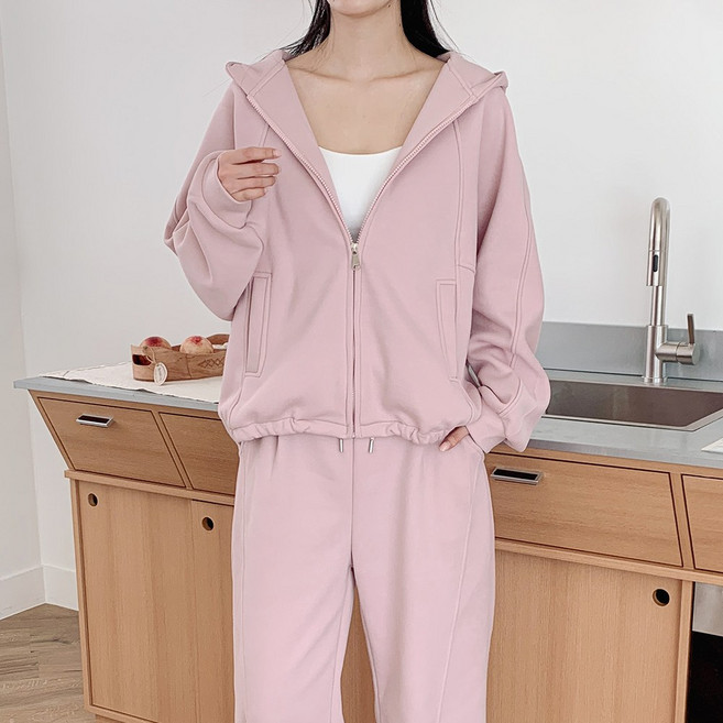 소일레 여성 무지 사선 절개 세미 크롭 오버핏 후드 집업 5color