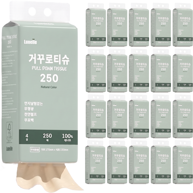 루넬 거꾸로티슈 250 무표백 대나무 화장지 저먼지 4겹 벽걸이형 프리미엄 휴지, 20개, 250매입