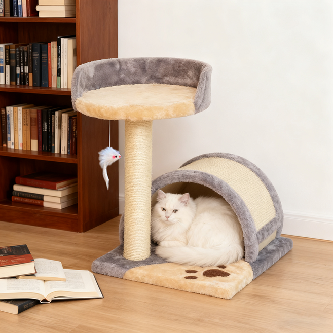 슈퍼인 소형 원목 캣타워 튼튼한미 숨숨집 미니스크래쳐캣타워, 라이트그레이, 1개
