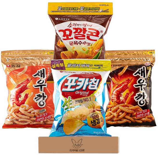[여우별 세트] 대용량 지퍼백 과자 4종 세트, 1세트, 새우깡,매운새우깡,꼬깔콘,포카칩