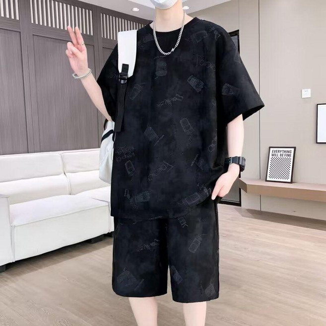 男士休閒運動套裝 冰絲棉速乾短袖短褲兩件套