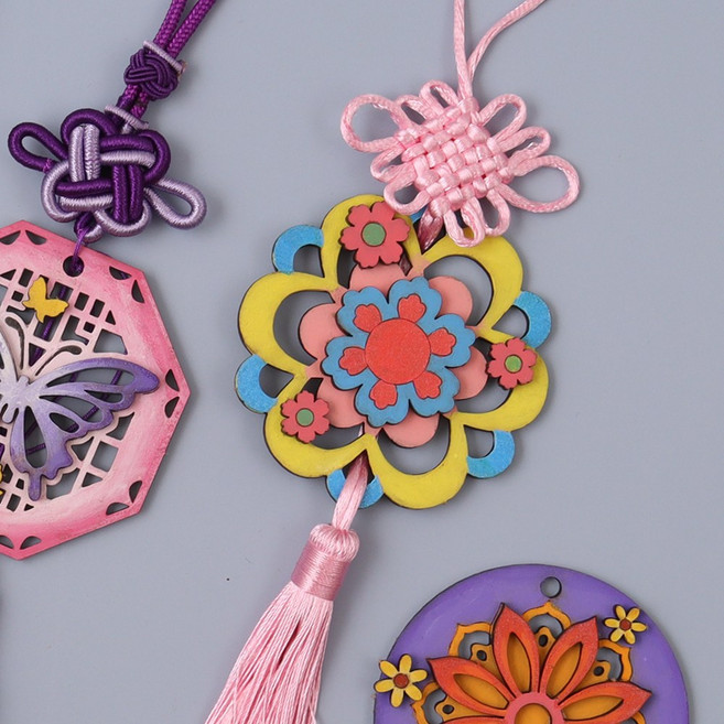 아이디몬 전통단청 단일매듭 노리개만들기세트 장신구 소품 한복 전통 매듭 노리개 공예 팬시우드, 연꽃, 분홍