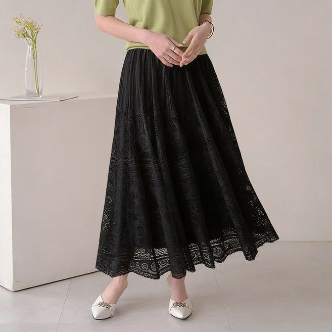 데일리앤 아우라 펀칭 그물 레이스 양면 플리츠 리버서블 밴딩 롱 플레어 스커트