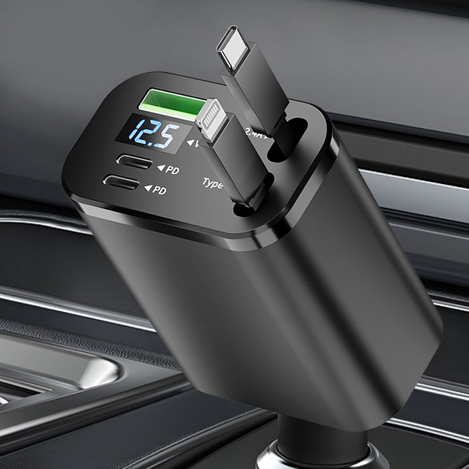 86W 5구 릴타입 차량용 고속충전기 C타입+애플, 3포트 고속 충전기