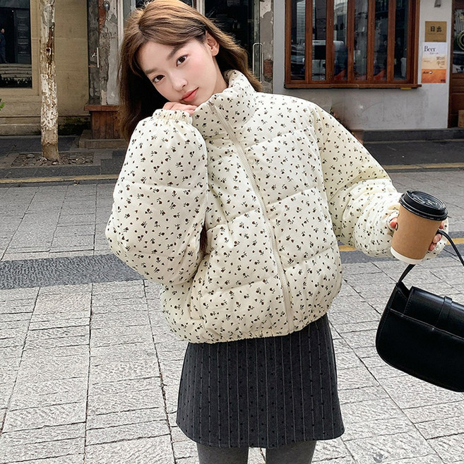 골덴 하이넥 여성 숏패딩 아방핏 플라워 코듀로이 패딩