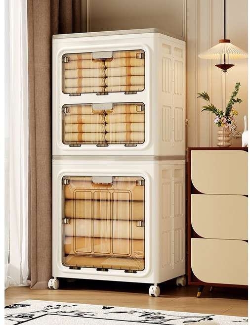 원스 특대형 투명 이동식 수납정리함 적층식 폴딩 리빙박스, 1세트, 크림 화이트 2개