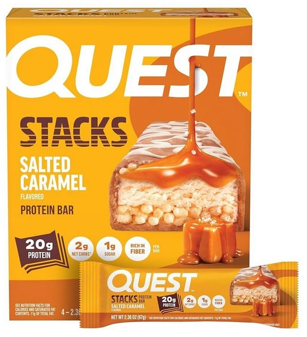 Quest Nutrition 퀘스트 뉴트리션 스택스 단백질 바 솔티드 캐러멜 20g 4개입 단백질보충제, 4개(1개입), Quest 솔티드 캐러멜, 20, 4 - 쿠팡