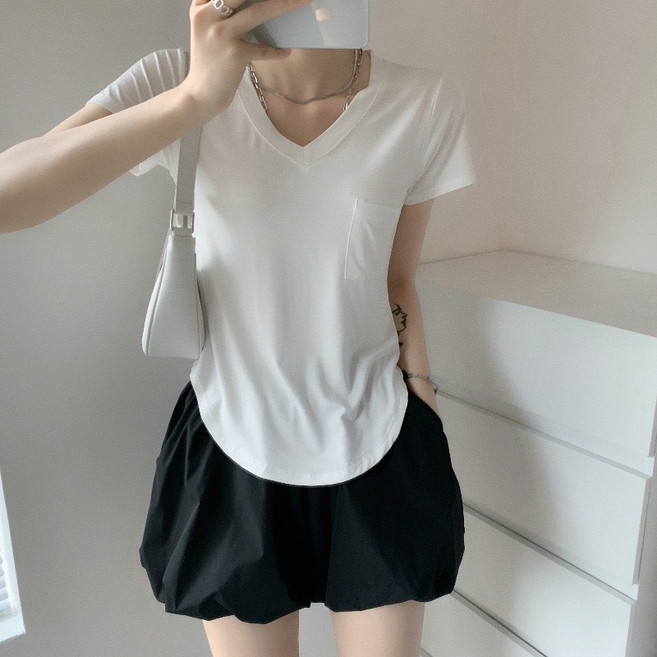 短袖T恤女 V領寬鬆顯瘦百搭時尚不規則上衣
