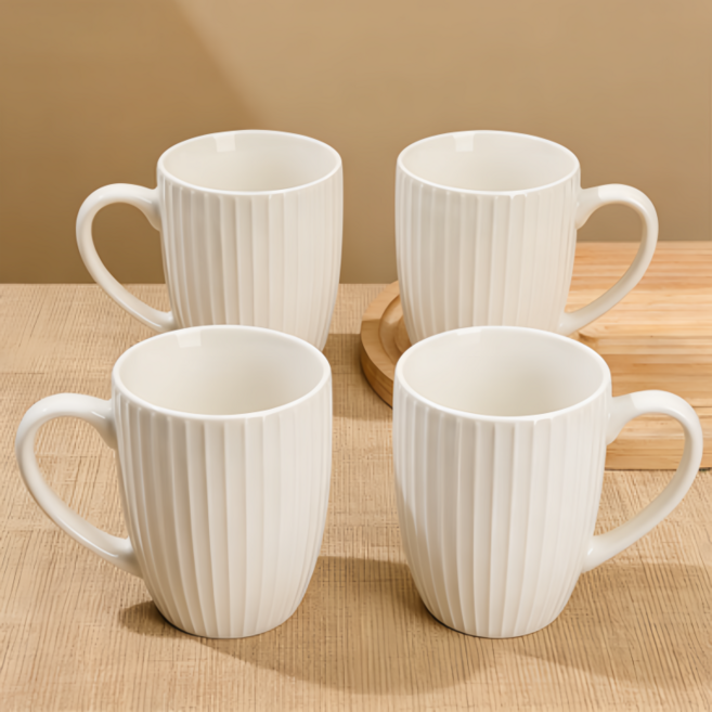 단색 부조 도자기머그컵 가정용 심플 물컵 커피잔 세트450ml, 4개, 화이트