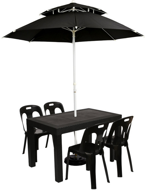 지오리빙 국산 원터치 파라솔세트 라탄테이블 74120 의자 4인세트 야외용 테이블의자, 블랙, 4인세트/원형지지대, 등받이의자4개