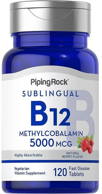 Piping Rock B12 비타민 5000mcg | 120정 | 설하 메틸코발라민 보충제 | 베리 맛 채식주의자 GMO 프리 글루텐 프리, 1개 - 쿠팡