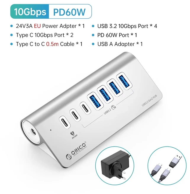 게임기 도킹 스테이션 오리코 USB 3.2 허브 10Gbps 타입 C 확장기 PD60W 충전 7포트 스플리터 (PC 노트북용, 02 PD60W 0.5M EU