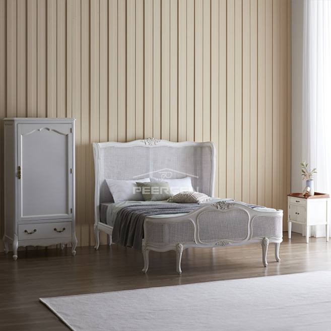 피어젠가구 클레어 프렌치 엔틱 침대 프레임 퀸(Q) 화이트 라탄 원목