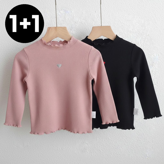 델루비오 아동 여아 하트 자수 반목 골지 프릴 티셔츠 2종 세트