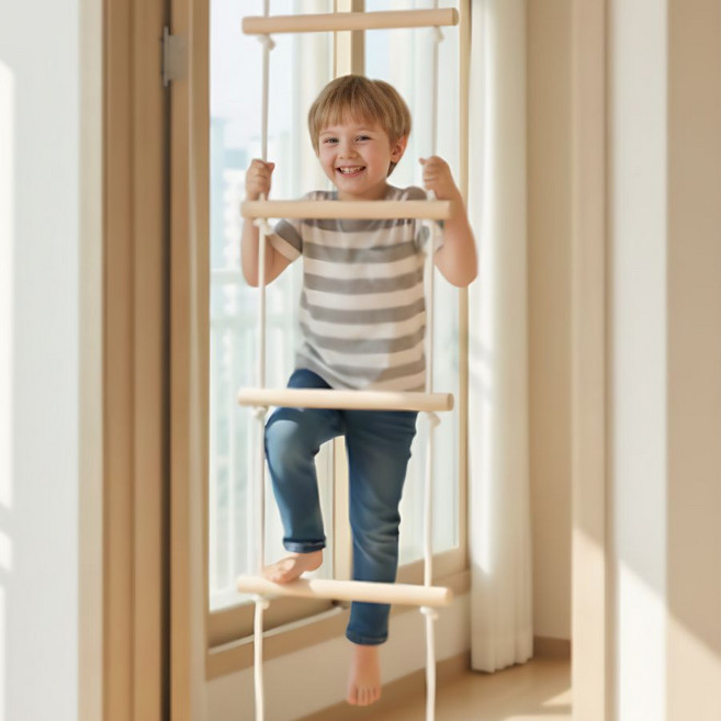 GOHOME 실내 원목 사다리 로프 우드 밧줄 스윙 그네, 1개, 브라운