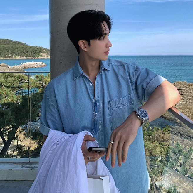 ANYOU 남성 여름 썸머 워싱 데님 반팔 셔츠 자켓 휴가룩