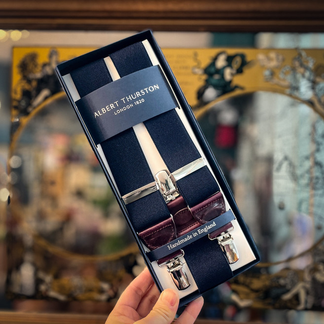 영국수입 알버트서스턴 네이비 퍼플레더 Y35mm 와이드 Y형밴드 서스펜더 Y클립 멜빵 Y타입 3점고정 튼튼한 오래쓰는 고급 선물포장 웨딩 남녀공용