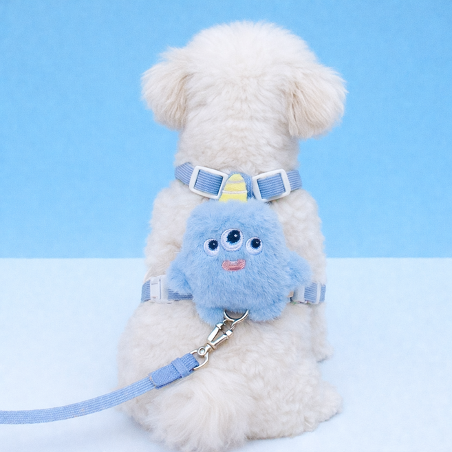 강아지 몬스터 하네스 외계 인형 리드줄 세트 H형 가슴줄, 1개, 하늘색 몬스터