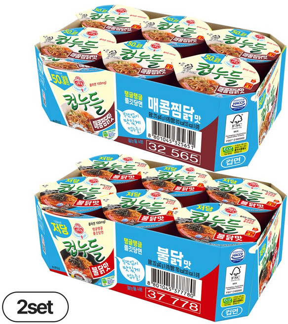 오뚜기 LIGHT&JOY 당을줄인컵누들 매콤찜닭맛 컵 51g 12개+ 저당컵누들 불닭맛 12개(총 24개)