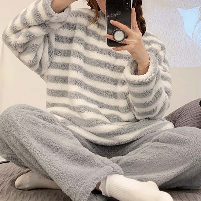 珊瑚絨法蘭絨 長袖睡衣套裝 保暖冬天居家服