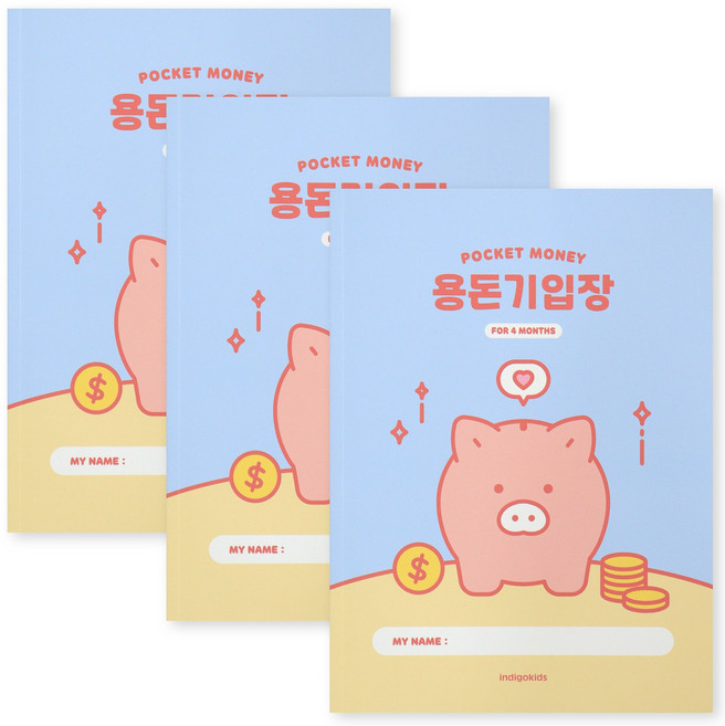 인디고어린이 초등 4개월 용돈기입장 캐시북, 3개, 블루