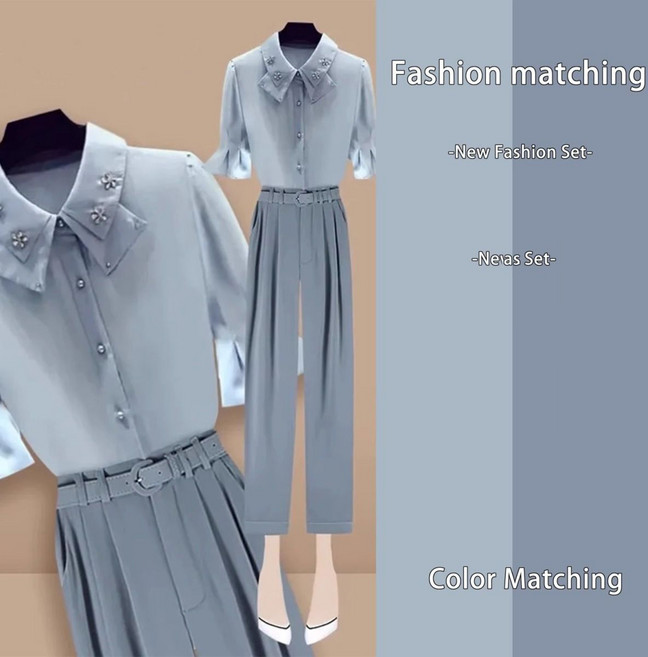 여자 반팔 프릴 셔츠 와이드 팬츠 세트 투피스 패션 정장 오피스룩 데일리 빅사이즈