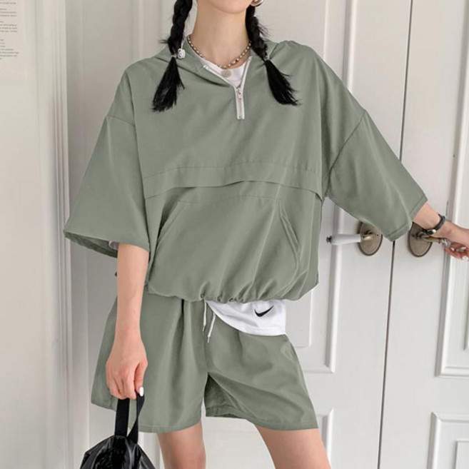 마이쏭 여성 빅사이즈 바람막이 바스락 트레이닝세트 반집업 피크민아노락반바지세트