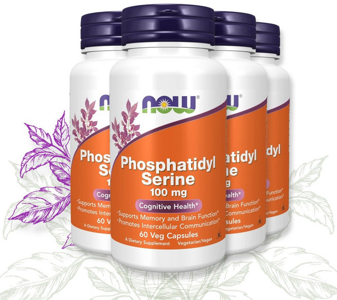 NOW Foods 포스파티딜 세린 100mg 식물성 캡슐 60정 x 4 이노시톨 콜린, 4개
