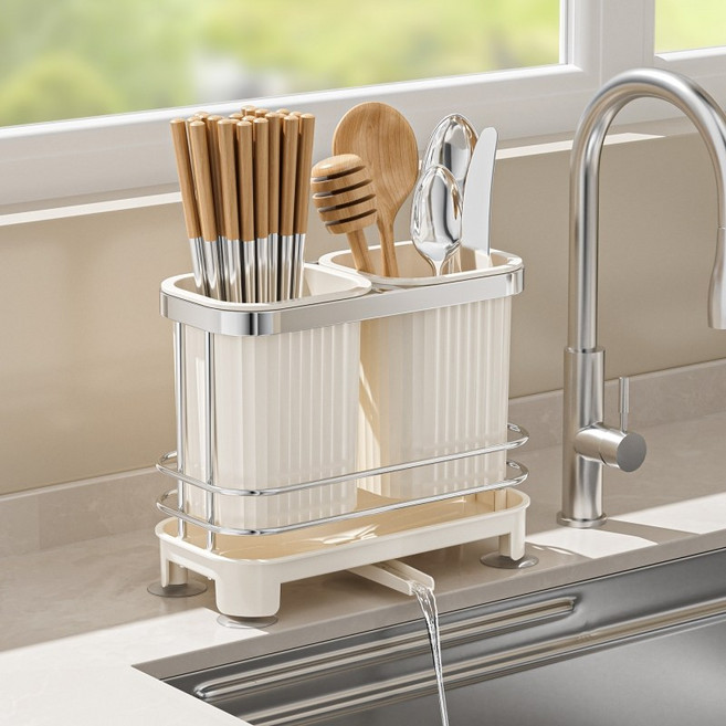 호밍사이 주방 물빠짐 수저통 스테인레스 수저꽂이 정리함, 1개, 화이트