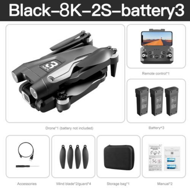 샤오미 미지아 Z908 Pro MAX 드론 8K 전문가용 듀얼 카메라 GPS 회피 쿼드콥터 광학 흐름 위치 인식 3면 회피, 4)Black-8K-battery3